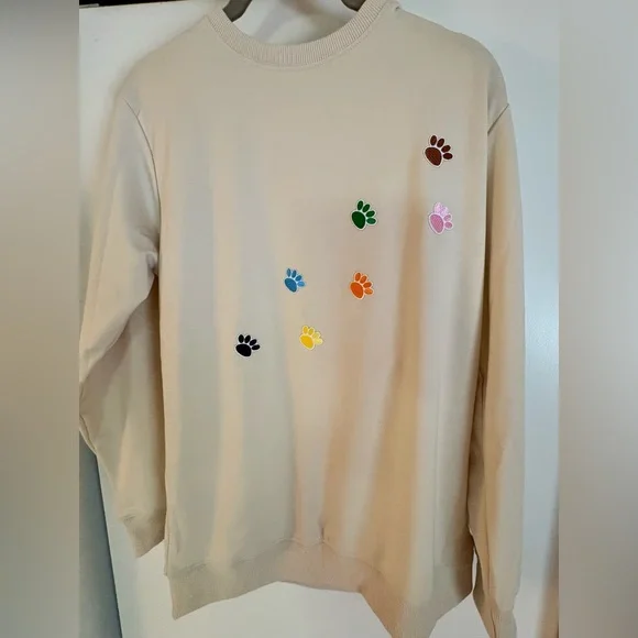 NWOT-Cream Sweatshirt with Colorful 
Embroidered mini Paw Prints - Picture 6 of 9